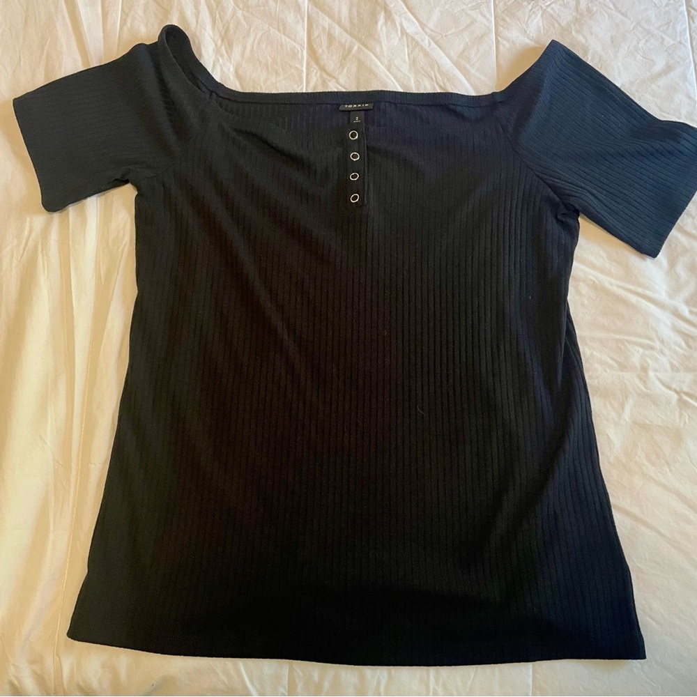 Torrid Black Ribbed Off the Shoulder Short Sleeve Ribbed Top